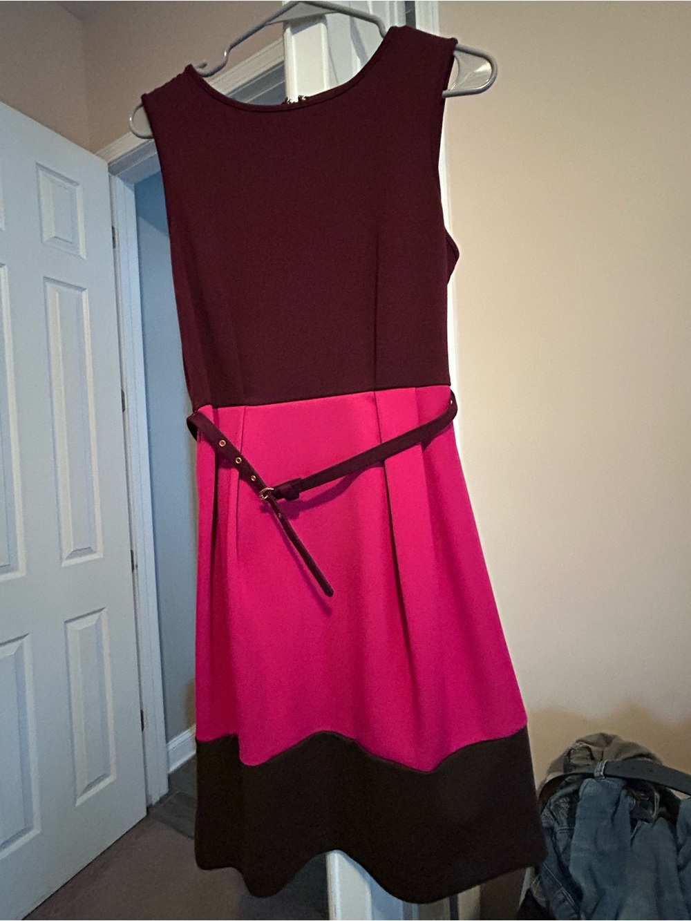 New York & Company Sleeveless Fit-and-Flare Dress in Burgundy and Hot Pink